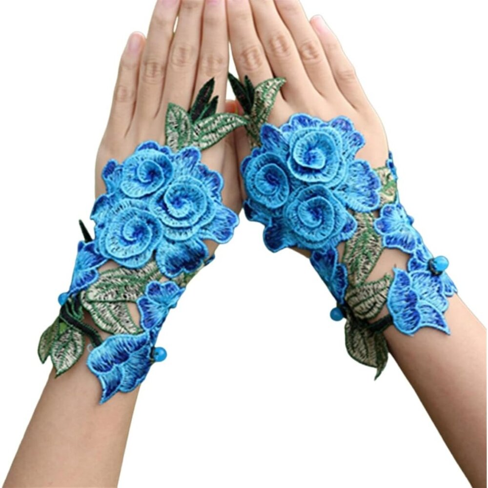 Women's A-B-Sky Blue Flowers Embroidered Lace Gloves Cocktail Party Costumes